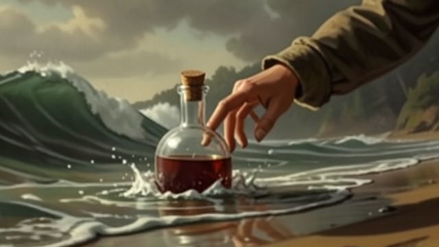 The Confession Floats from "The Man Who Laughs". The Confession Floats A message entrusted The survivors seal their confession in Hardquanonne’s flask. The sea carries it without damaging the evidence.