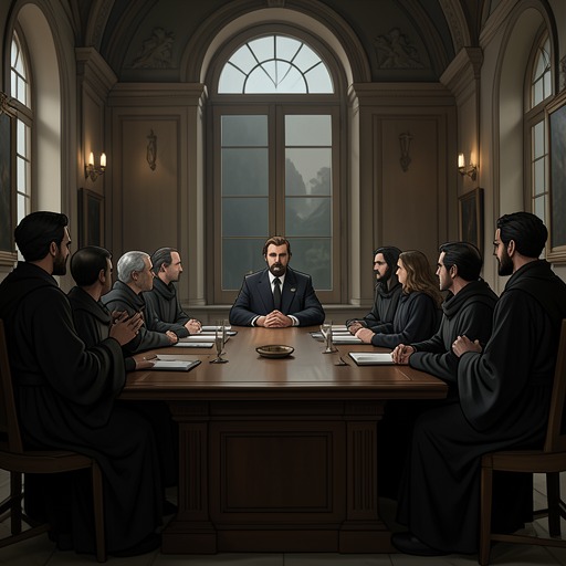 Gwynplaine and the Court from "The Man Who Laughs". The court’s attempt to incorporate a rescued heir exposes the clash between public justice, hereditary privilege, and private humanity.