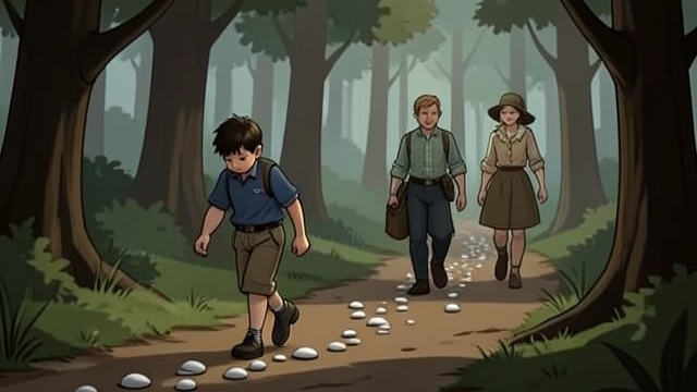 Escape by Following from "Hansel and Gretel". Escape by Following A path prepared Hansel leaves White Pebbles along the route while the family walks into the forest.