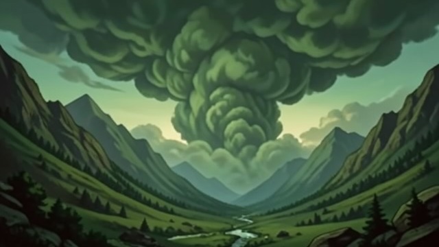 A Strange First Attack from "Last and First Men". The Cloudlets Descend An alien arrival Green cloudlets gather over a mountain valley, then combine into a destructive mass.