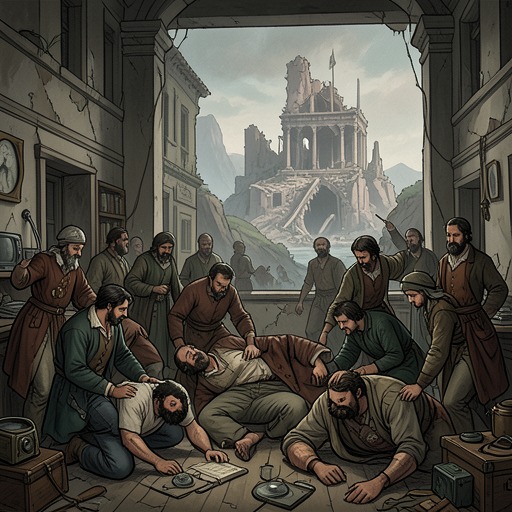 The Last Men’s Decline and Mutual Aid from "Last and First Men". This flow traces how the Last Men’s physical deterioration dismantles their extraordinary society and how a small brotherhood preserves care and purpose.
