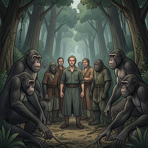 The Ape-People and Their Captives from "Last and First Men". This flow follows the Second Men’s encounter with the African Tree-Dwelling Apes, the apes’ exploitation of Sub-men, and the epidemic that destroys a human…