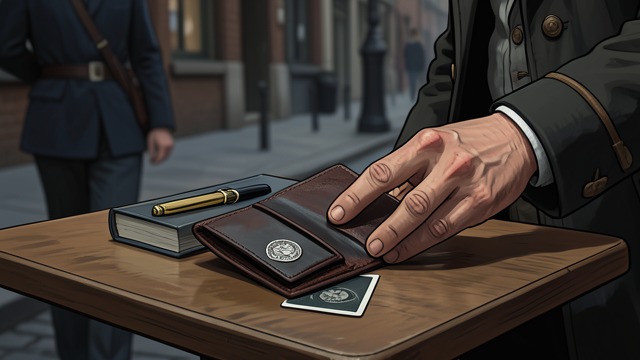 An Agent Recognizes the Card from "Wasp". Bluff at a Street Search Temporary authority A snap-searcher finds Major Sallana’s card in Mowry’s wallet.