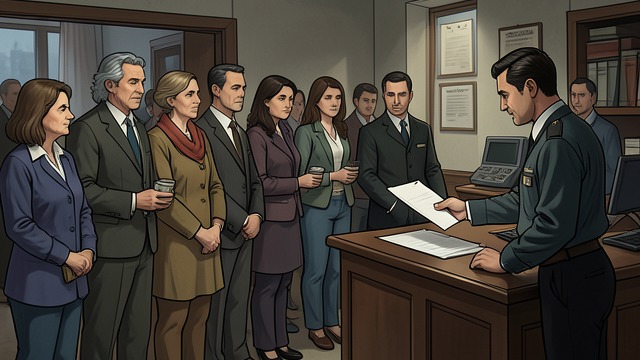 The Clerk and the Registration Line from "Wasp". Ordinary Associations Under Suspicion A queue of harmless groups Mowry observes lizard watchers, model-rocket builders, and other clubs lining up to register.