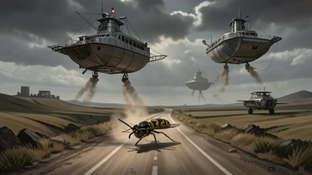 The Invasion Becomes Visible from "Wasp". The Front Reaches Jaimec An impossible spectacle Mowry sees Terran ships overhead and landers descending near the road.