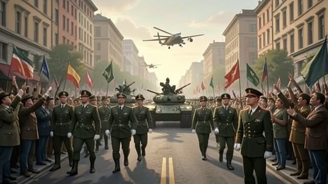 The Victory Parade from "Wasp". A Public Display The state stages certainty Troops, tanks, aircraft, and military equipment parade through Pertane following claims of a great victory.