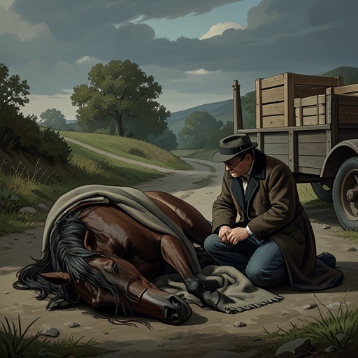 Black Beauty’s Collapse Under Cab Work from "Black Beauty". Overwork under Nicholas Skinner brings Black Beauty to collapse, but rest and attentive care make recovery possible.