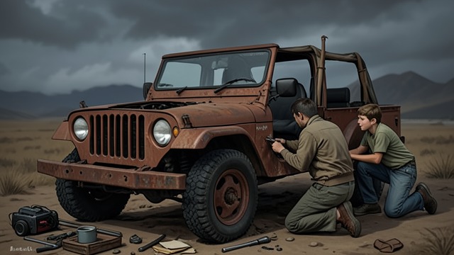 A Jeep Returns from "Earth Abides". A Jeep Returns Recovering a machine Isherwood Williams leads Robert, Richard, and Joey through the difficult work of making an abandoned jeep run.