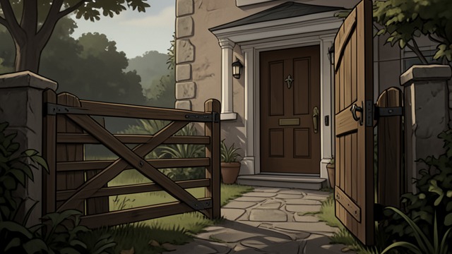 The Open Gate from "Panic Room". The Open Gate Easy access Don finds the entrance gate open and the house unlocked, a contrast with the fortified door hidden upstairs.