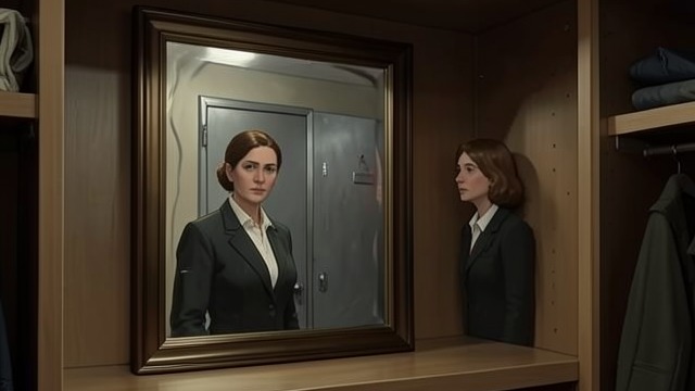 The Mirror Opens from "Panic Room". The Mirror Opens Reflection becomes entry Don presses the closet mirror’s frame and reveals a hidden steel door.