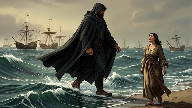 The Crossing into Ireland from "Mabinogion". A Brother Comes for Branwen Rescue made visible The Irish see a moving forest and mountain on the sea.
