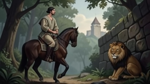 The Lion’s Rescue from "Mabinogion". Owain Hears Her Voice A chance encounter Owain hears Luned lamenting from confinement while traveling with the lion he rescued.
