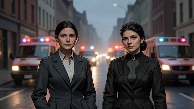 The World Looks Away from "American Woman". The World Looks Away A Near Encounter Police vehicles and emergency crews pass Jenny and Pauline while responding to a truck accident.