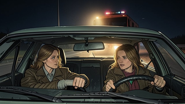 The Highway Near Miss from "American Woman". The Highway Near Miss A False Capture Jenny and Pauline sit trapped beside a broken car while police vehicles rush toward a nearby truck accident.