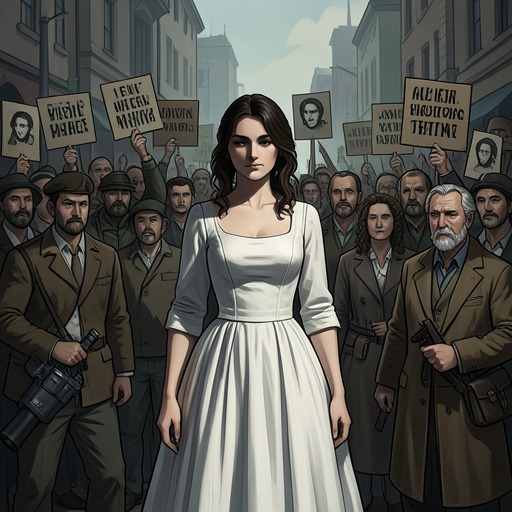 Public Narratives of Pauline from "American Woman". This flow traces the changing public story of Pauline, from heiress and kidnapping victim to revolutionary icon and disputed defendant.