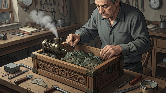 Keeble’s Craftsmanship from "Homunculus". Boxes Built to Conceal A maker’s ingenuity Keeble creates clever boxes and mechanisms, including a miniature engine whose alligator repeatedly devours its…