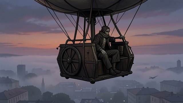 The Pilot in the Clouds from "Homunculus". A Strange Pilot A skeletal voyager Birdlip’s dirigible passes over London with its skeletal pilot lashed to the wheel.