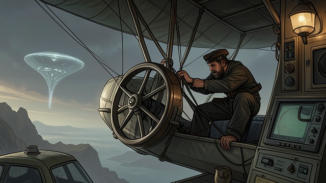 A Pilot Freed from "Homunculus". A Journey Begins Again Release from the wheel When the Homunculus reaches Birdlip, the pilot loosens the cords that have bound him to the dirigible’s wheel.
