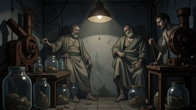 The Corpse Laboratory from "Homunculus". Life as an Experiment A grisly technique Narbondo uses carp glands and chemical apparatus to animate the dead.