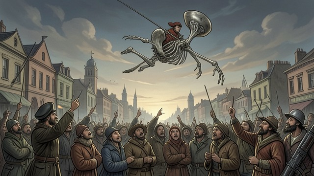 The 1870 Sighting from "Homunculus". A Craft Without Explanation The city looks upward A dirigible crosses London under a clear sky, its skeletal pilot visible above the market crowds.