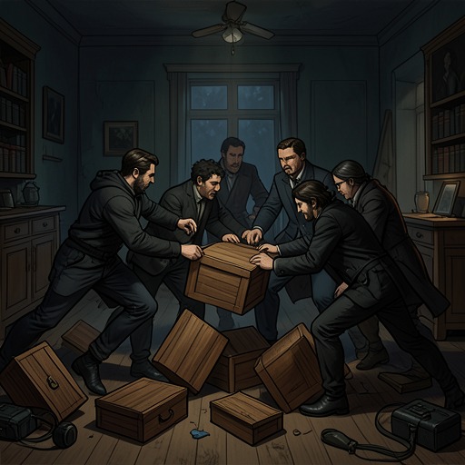 The Fight for the Boxes from "Homunculus". Misidentified Keeble boxes pass among competing hands, escalating from theft to a final contest at the dirigible’s landing.