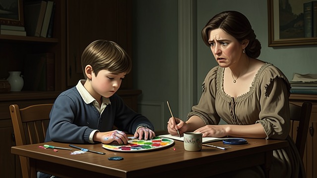 Painting Turned Away from "Promise at Dawn". Painting Turned Away A real capacity A school drawing teacher tells his mother that the boy shows promise in painting.