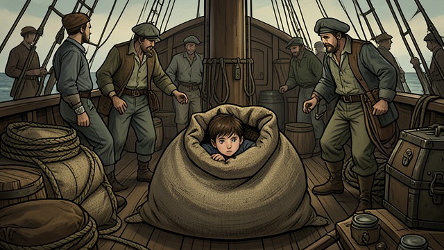 A Secret Departure from "My Father's Dragon". Risk Chosen Early Concealment Elmer sneaks aboard without permission and hides among the cargo. Discovery could send him home before he begins the rescue.