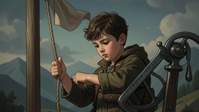 Elmer Understands the Mechanism from "My Father's Dragon". The Rope’s Wider Reach The arrangement exposed Elmer observes the rope passing over a flagpole and around a crank.