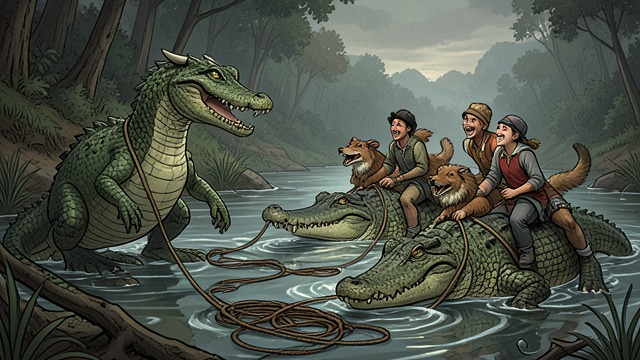 Laughter After Danger from "My Father's Dragon". Relief in Company A ridiculous escape Elmer and Baby Dragon watch the animals ride the Crocodiles downstream, their chase defeated by the river’s unexpected…