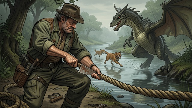 The Knife at the Knot from "My Father's Dragon". Cutting the Restraint Elmer’s work Elmer uses his jackknife to saw through The dragon’s rope while the animals rush toward the river.