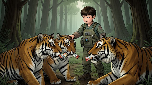 Gum for the Tigers from "My Father's Dragon". The First Tool Used A scarce pleasure Elmer offers Chewing gum when the hungry Tigers threaten him. He invents a claim that the gum will reproduce if planted.