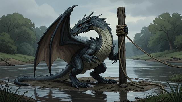 The Dragon’s Captivity from "My Father's Dragon". A Home Reduced to a Stake Restricted life Baby Dragon is kept tethered to the river and allowed only the movement required for work.