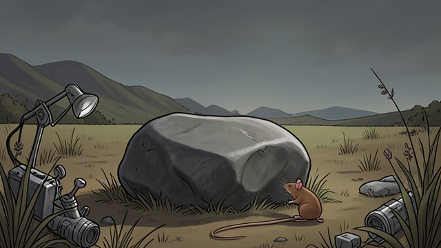 A Rock That Moves from "My Father's Dragon". A Puzzling Impression Mouse’s report Mouse believes it has seen an extraordinary rock that later vanishes. It does not recognize the hidden boy.