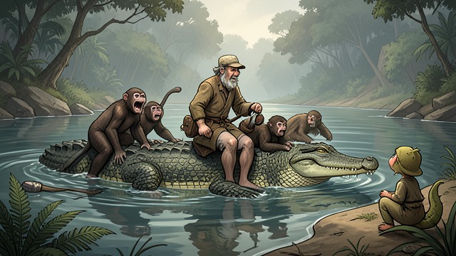 The Pursuers Recede from "My Father's Dragon". A Threat Turns Absurd The river carries them away Wild Boars, the other animals, and the monkeys travel downstream on Crocodiles while the dragon and Elmer…