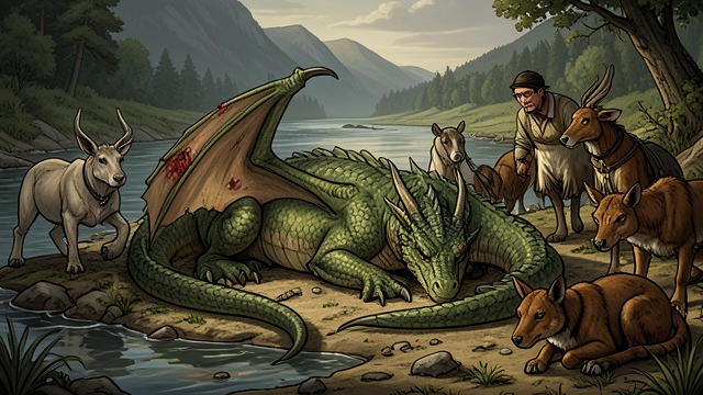 A Wing Injured from "My Father's Dragon". A Flight Interrupted The fall Baby Dragon lands beside the river after falling from a cloud, with one wing badly bruised and too little strength to fly back.