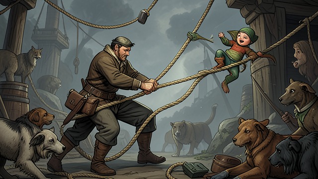 The Rope Falls from "My Father's Dragon". A Constraint Removed Elmer’s work Elmer saws at The dragon’s rope while Baby Dragon tries to hold still and the animals close in.