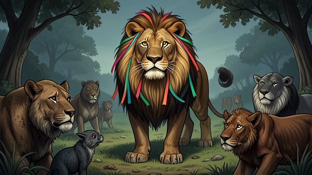 The Ribboned Lion from "My Father's Dragon". A Pattern Seems Certain Another odd sight The boars hear that Lion’s mane has been arranged with colorful ribbons after Elmer’s visit.