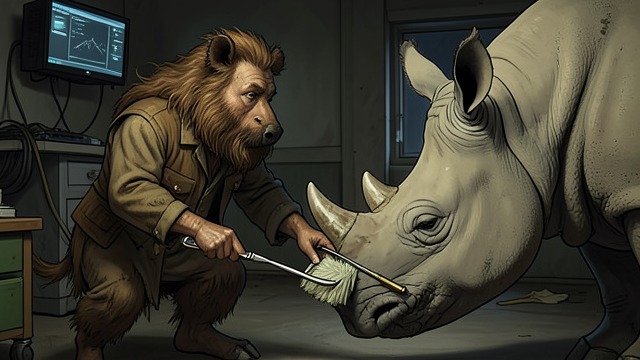 The Distracted Rhinoceros from "My Father's Dragon". A Suspicious Scene The interruption Wild Boar finds Rhinoceros absorbed in brushing his tusk with Elmer’s supplies.