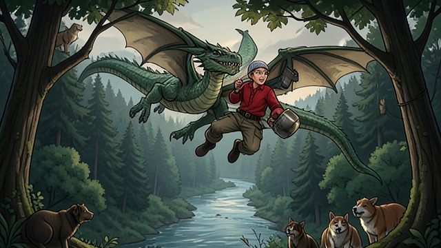 Above the Jungle from "My Father's Dragon". The Dream Fulfilled A shared escape Elmer rides Baby Dragon over the jungle, the river, and the animals below.