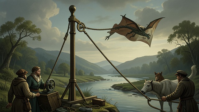 The Control Mechanism from "My Father's Dragon". Captivity Made Visible The machinery Elmer sees that the rope crosses the river through a loop on a flagpole and connects to a crank.