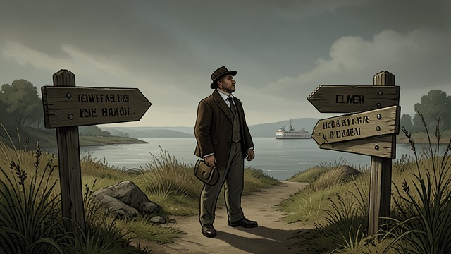 The Trail to Dragon Ferry from "My Father's Dragon". A Signpost and a Goal Direction recovered Elmer reaches a crossroads with signs for the river’s beginning, Ocean Rocks, and Dragon Ferry.