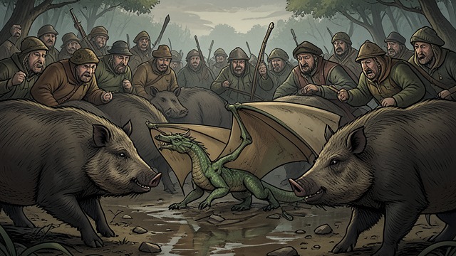 The Pursuers Gather from "My Father's Dragon". Local Dangers Combine Suspicion escalates Wild Boars interpret the animals’ distractions as evidence of invasion and gather a crowd to defend Baby Dragon’s…