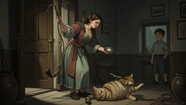 The Saucer Discovered from "My Father's Dragon". Punishment and Expulsion The confrontation Elmer’s mother finds the cat’s saucer in the cellar, whips Elmer, and throws Old Alley Cat out the door.