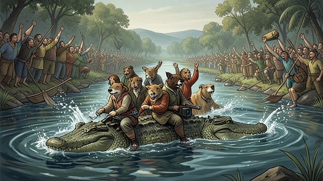The Crocodile Parade from "My Father's Dragon". A Bridge Turns into a Ride The reversal Crocodiles swim away with the island animals still aboard, while the crowd shouts and gets wet.