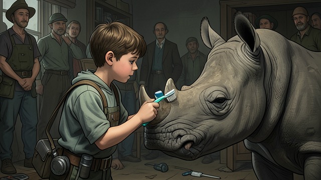 Toothpaste for the Tusk from "My Father's Dragon". A Tool Matched to Vanity The demonstration Elmer uses toothpaste and a toothbrush to show Rhinoceros a small bright patch on the tusk.