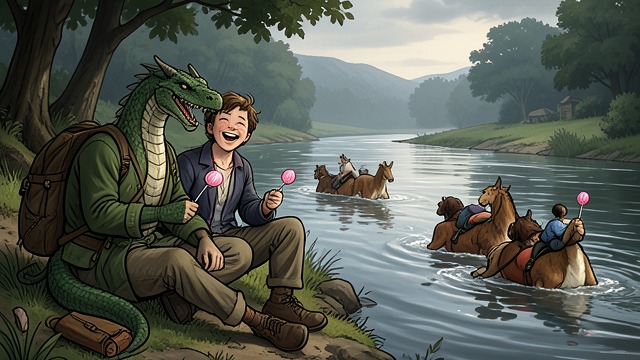 Shared Laughter from "My Father's Dragon". Relief Together The reversal Elmer and Baby Dragon watch the animals travel downriver on the Crocodiles while sucking Pink lollipops.