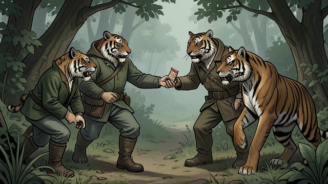 The Chewing Gum Ruse from "My Father's Dragon". Turning Hunger into Curiosity The threat Seven Tigers circle Elmer and prepare to eat him. He responds by offering Chewing gum, something scarce on the island.
