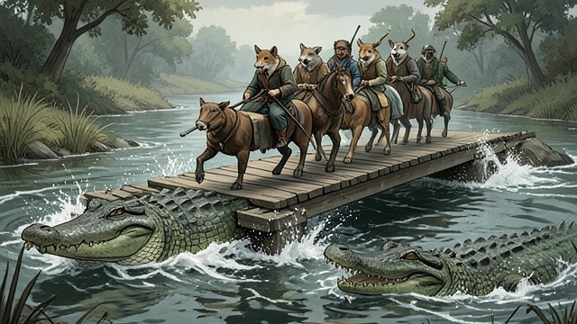 The Unplanned Escape Route from "My Father's Dragon". Setback Becomes Advantage The bridge changes The Crocodiles abandon their place as a stable crossing and swim downstream with the pursuers aboard.