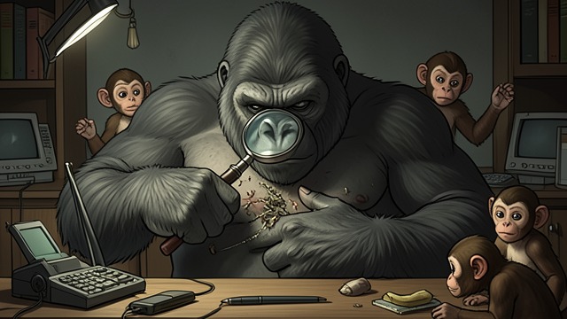 Gorilla’s Fleas from "My Father's Dragon". A Small Irritation A huge animal distracted Gorilla threatens Elmer but cannot stop thinking about fleas on his chest. His monkeys struggle to see them.