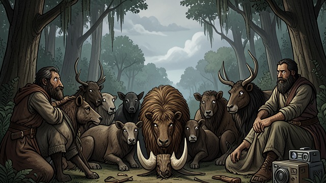 The Pursuit Becomes a Mob from "My Father's Dragon". Suspicion Turns Collective Escalation The boars find Rhinoceros brushing his tusk and Lion arranging his mane.